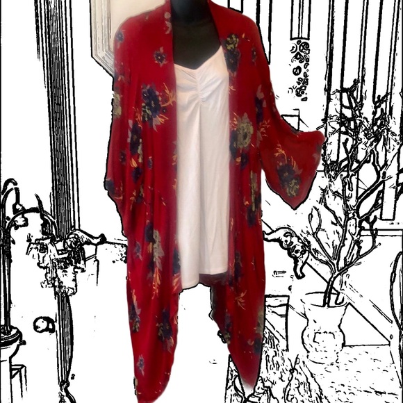 Patrons of Peace Tops - Patrons of Peace Gauze Kimono Deep Red 100 % Rayon